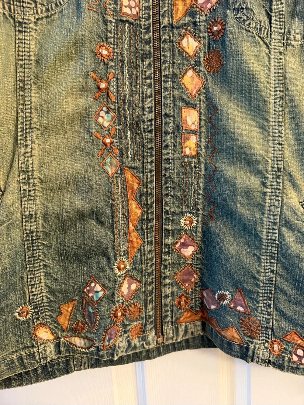 Vintage Chico's Embroidered Southwestern Denim Jacket Zip
